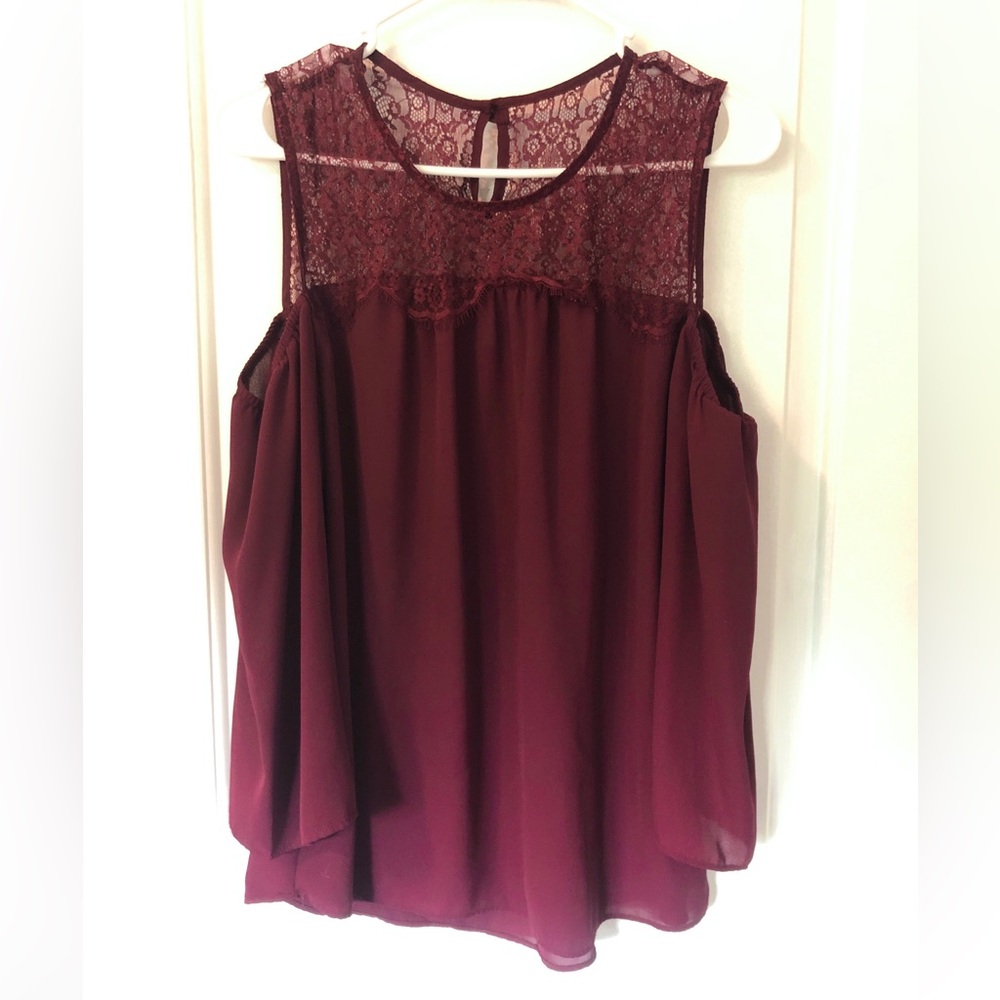 Burgundy Lace Cold-Shoulder Blouse by Charming Charlie